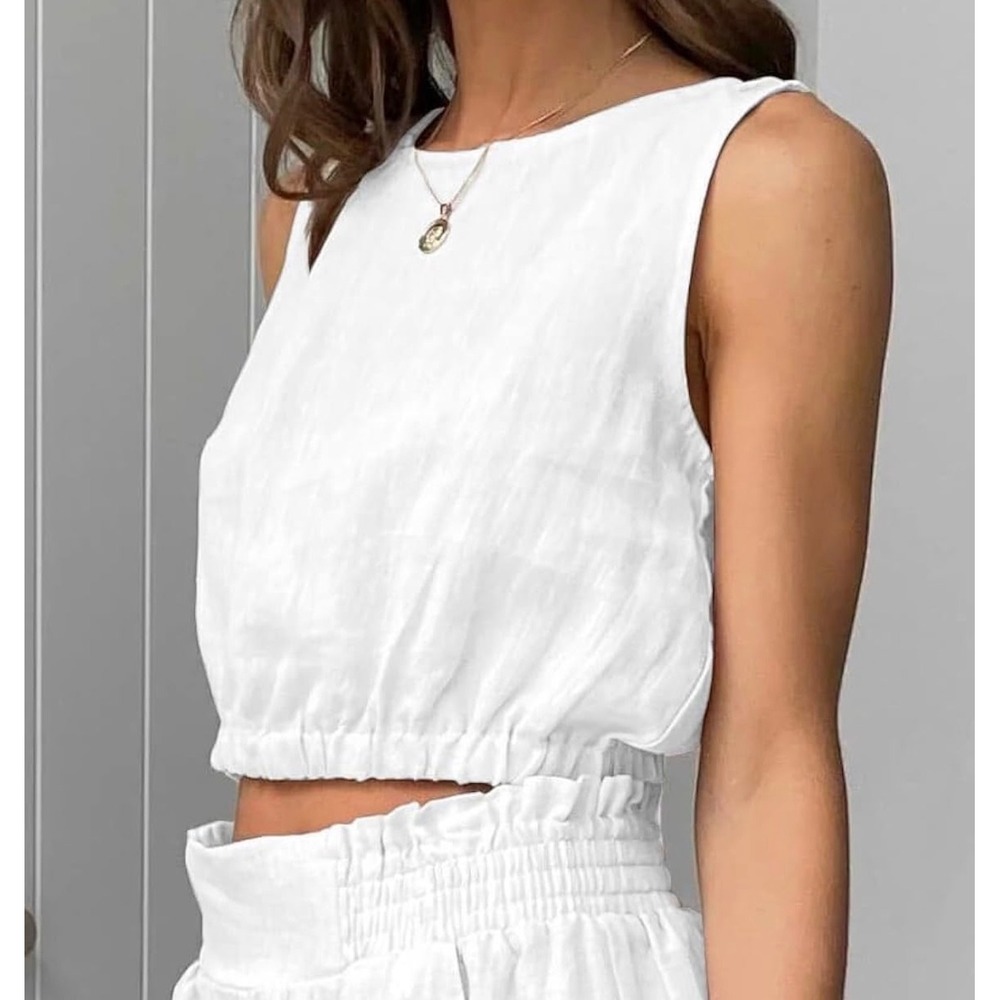 NWT Womens Crop Linen Tank Top White Sleeveless Boat Neck Summer Beach Blouse Md - Picture 4 of 8